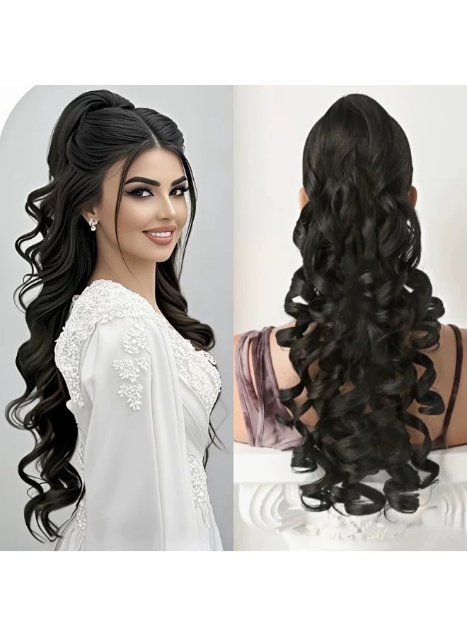 فرحة متطورة شعر مستعار بمشبك ذيل حصان كبير مموج طويل مجعد مخلب مخلب الأميرة مجعد ذيل حصان مخلب مشبك ذيل حصان مناسب للاستخدام اليومي للحفلات 60 سم (24 بوصة) - أسود بني - Image 1